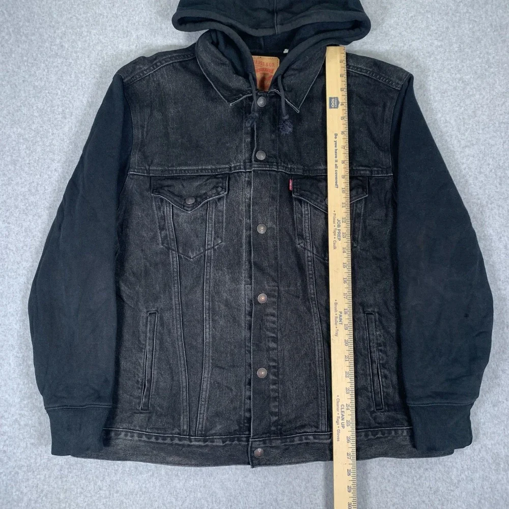Levi's Denim Jacket Mens XL Black Hooded Knit Sleeve Trucker Vintage Fit